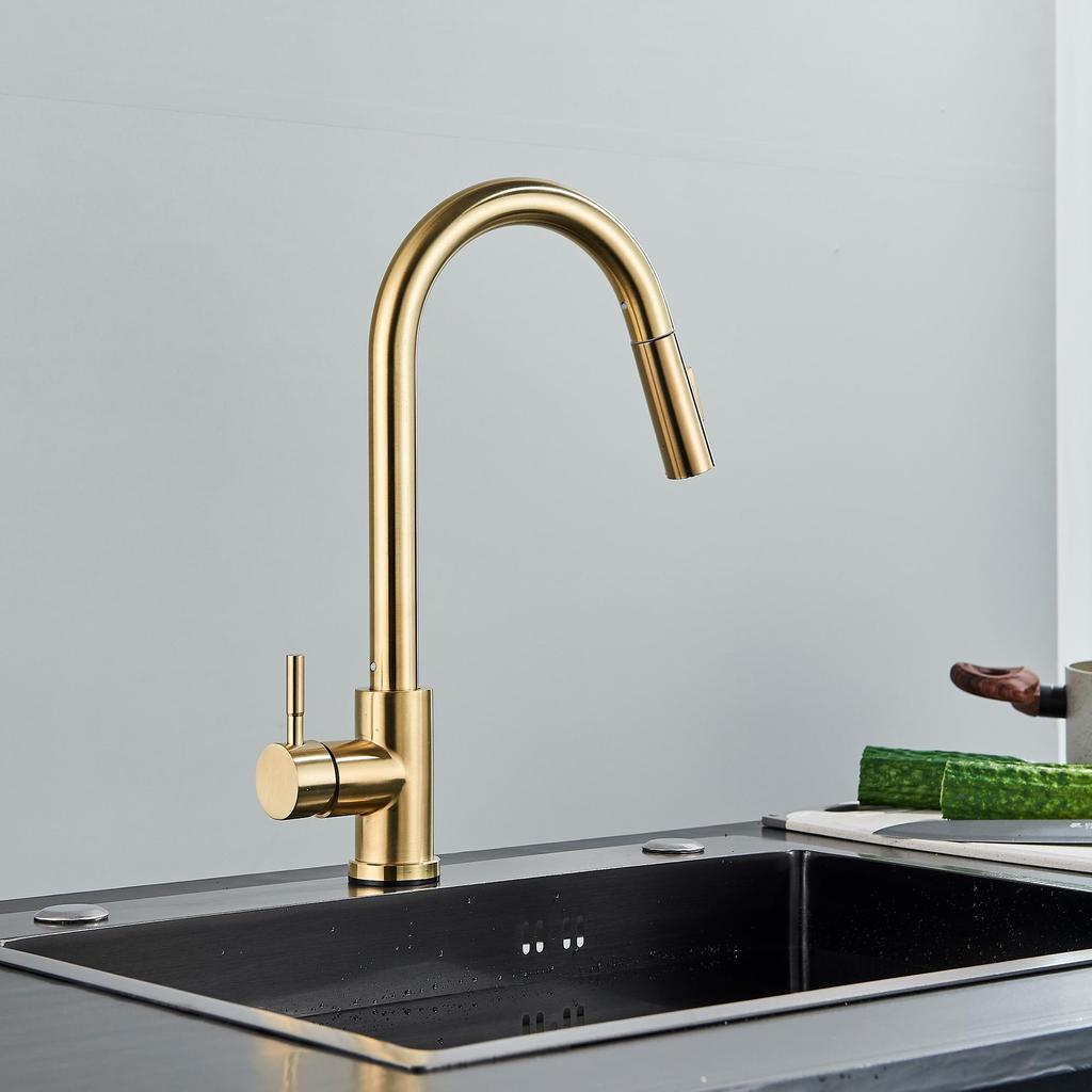 Матовый золотой кухонный смеситель для раковины, распылитель, поворотный излив, смеситель