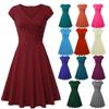 Women Spring Summer Solid V-Neck Short Sleeve Simple Loose Fit Midi Dress