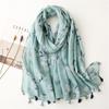 Women's Tassel Scarf: Green Leaf Print, Cotton-Linen Blend, Multi-Functional Shawl for Sun Protection, Spring To Autumn.