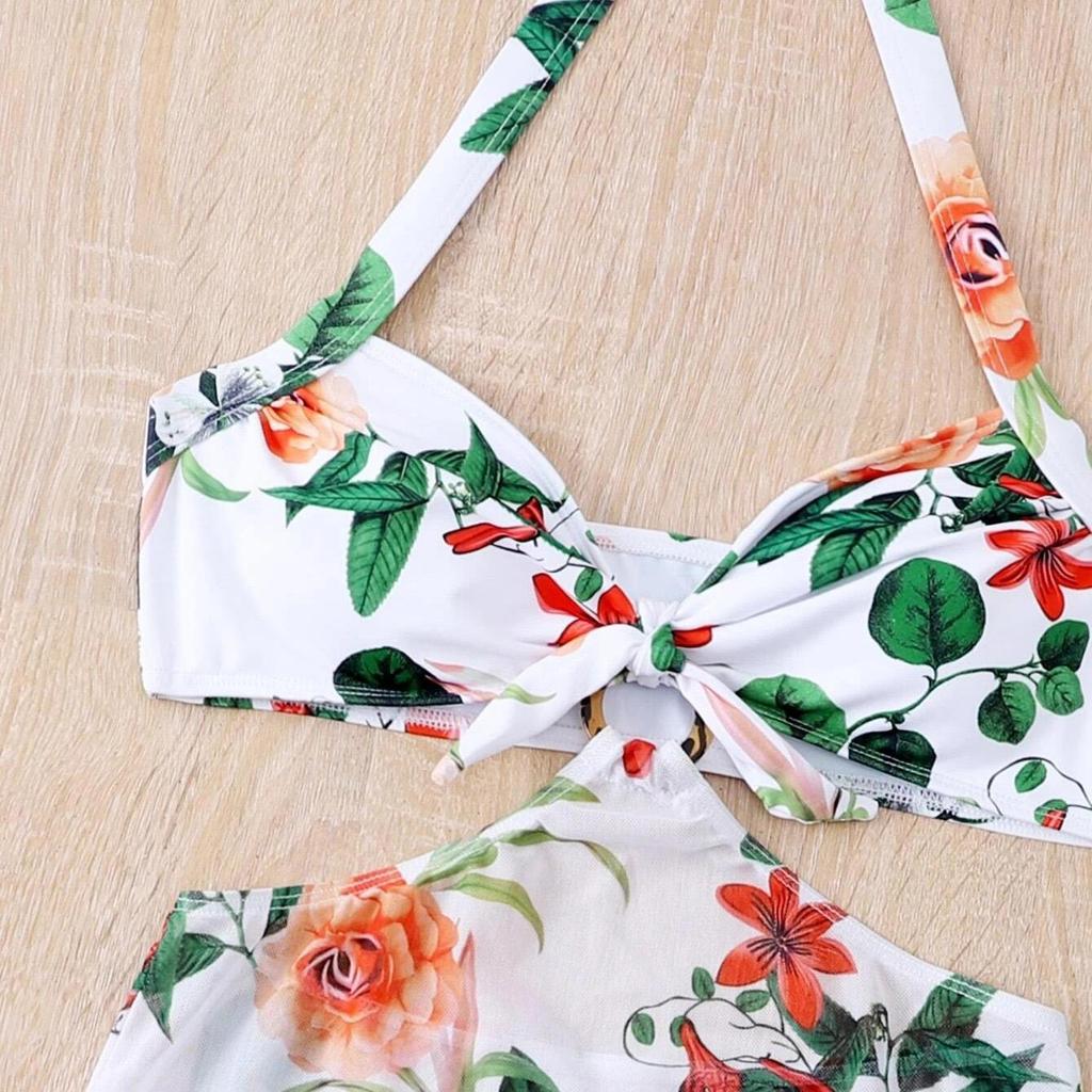 Купальник женский сплит-принт сексуальная тройка платье Холтер шеи цветочные комплекты бикини