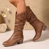 Fashion 2025 New Women Knee-High Boots Brown Slip-On Round Toe Pleated Women Boots Mid-Calf Leisure Style Spring Autumn Shoes for Women