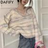 Women's Fashion Casual Fall Winter Stripe Print Long Sleeve V-Neck Sweaters