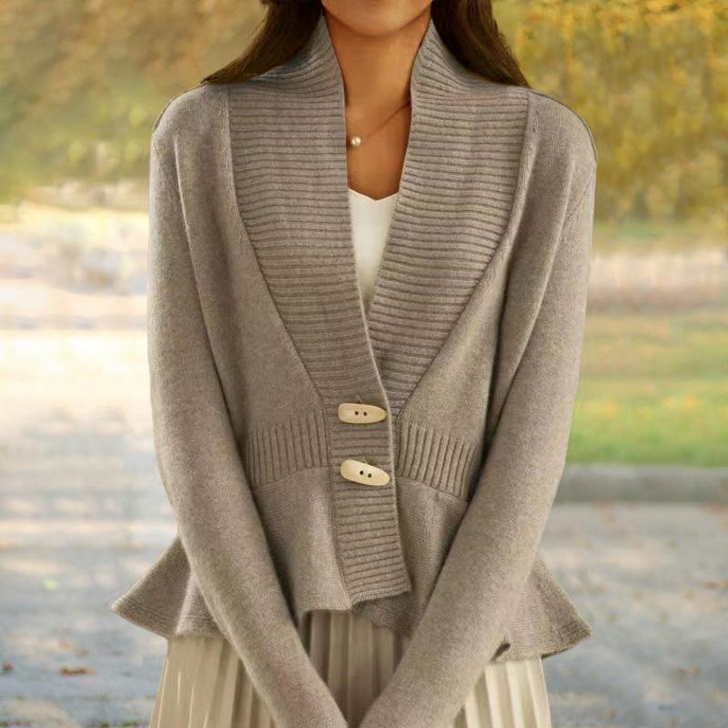 Осень и Зима Новый Однотонный Ретро Вязаный Кардиган Женский V-образный вырез Рюши по подолу Свитер Куртка