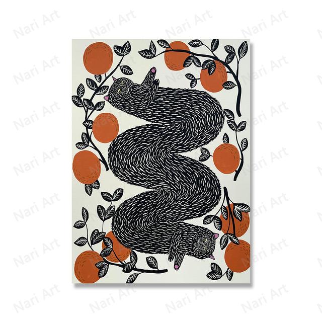 Винтажный абстрактный плакат с черным котом, четыре сезона, цветочная еда, кошачий принт, настенная картина, веселая ванная комната