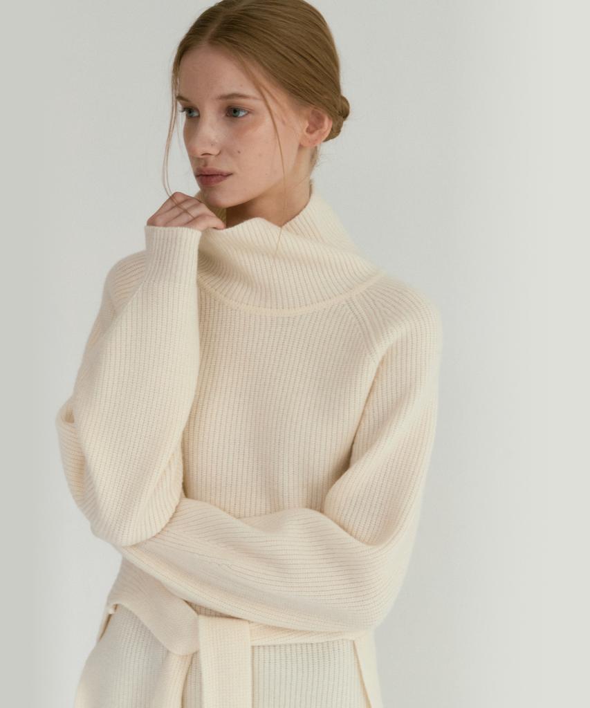 LEI AVERY Merino Wool Belted High-Neck Rib Knit (Ivory)