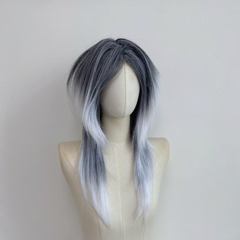 Mens Vintage Punk Medium Wig Cosplay Middle Part Black White Gradient Synthetic Hair