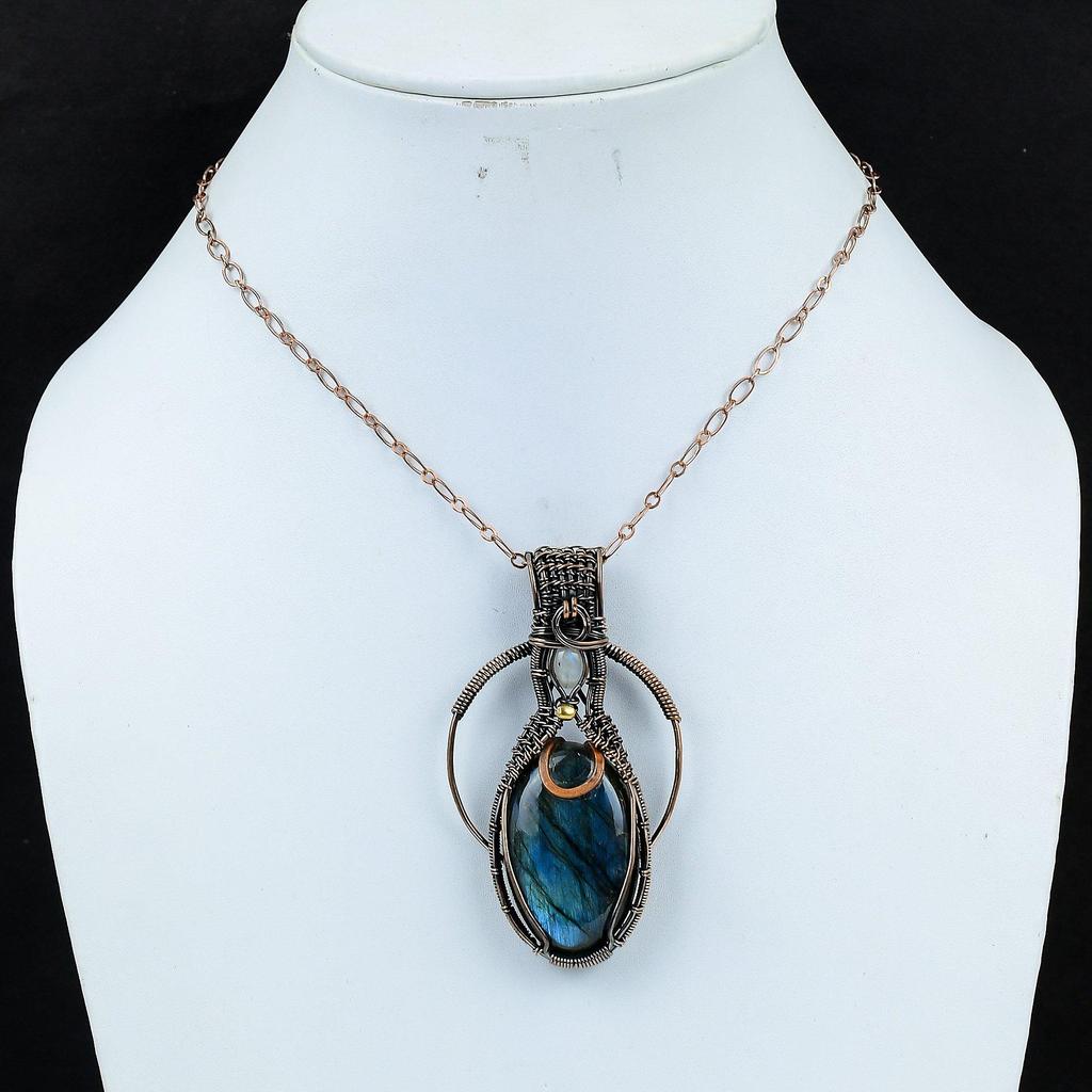 Labradorite & Moonstone Gemstone Handmade Pure Copper Wire Wrap Pendant For Women