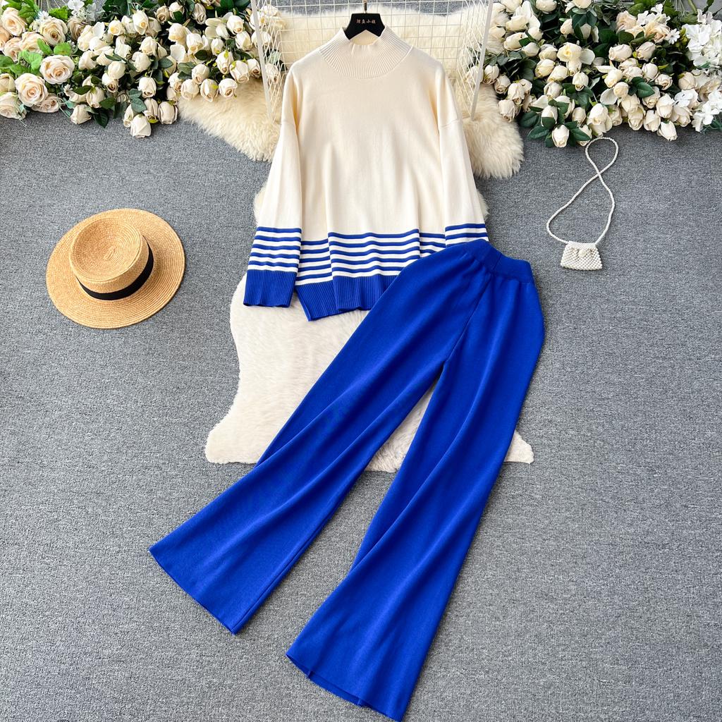 Осень-весна повседневные трикотажные комплекты с высоким воротником в полоску пуловер с разрезом + широкие длинные брюки женский модный свободный костюм-свитер