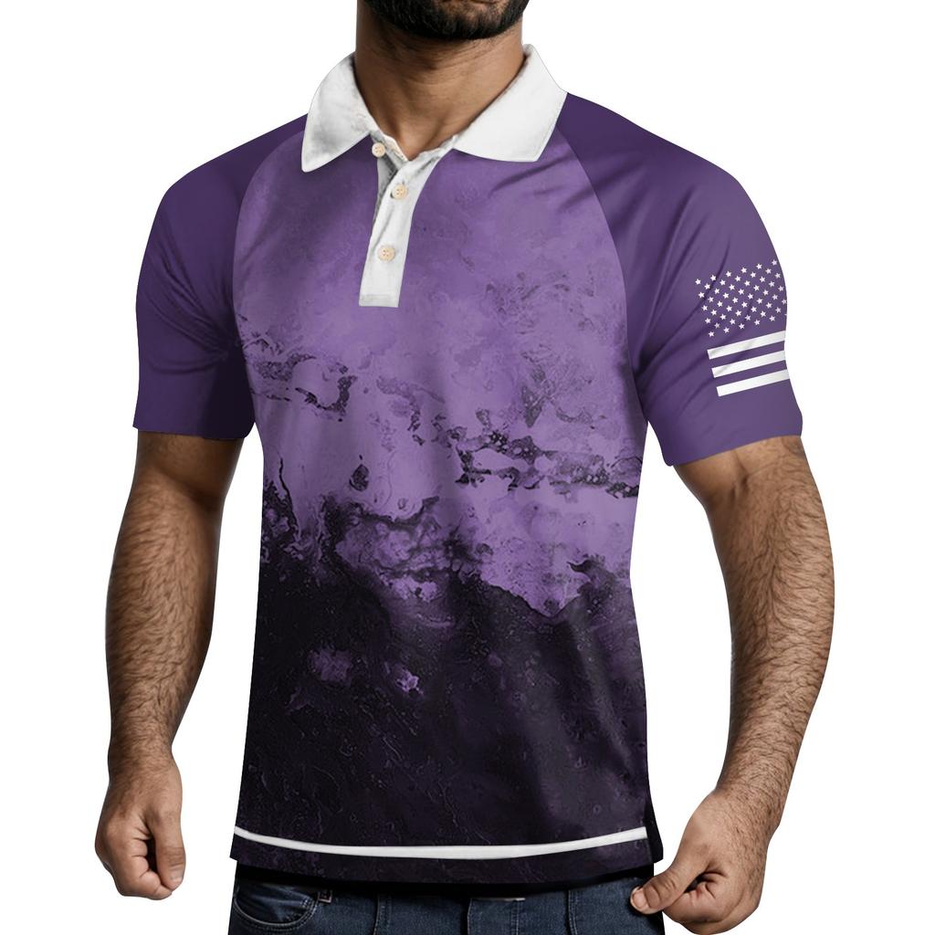 Men's Three Button Printed Lapel Short Sleeve Shirt Top