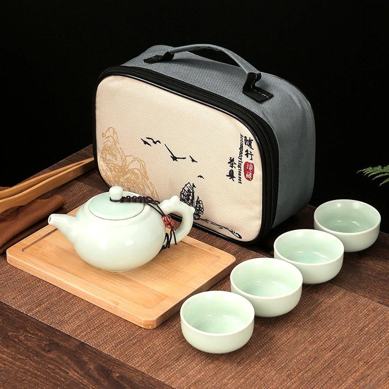 Travel Tea Set Retro Outdoor Portable Kung Fu Ceramics One Pot Four Cups with Tea Tray Company Gifts Cheap