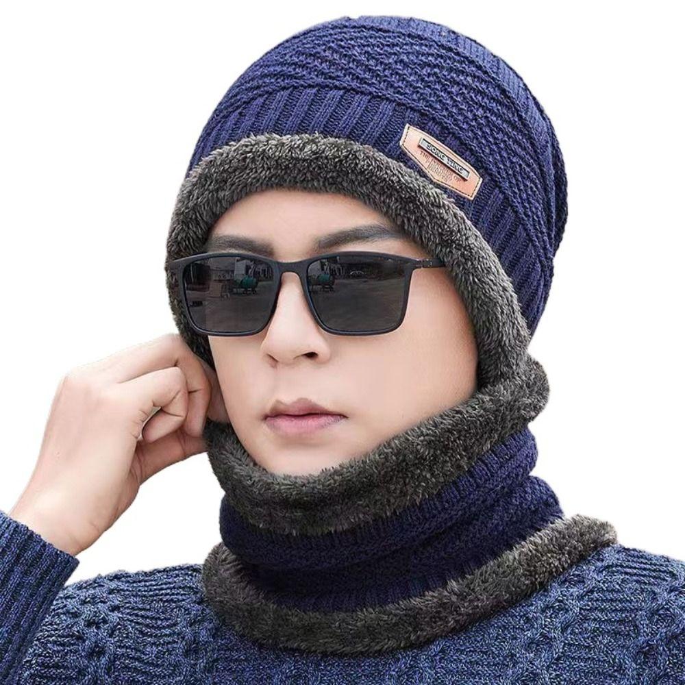 Warm Knit Cap Plus Velvet Coral Fleece Scarf Men Women Winter Hats
