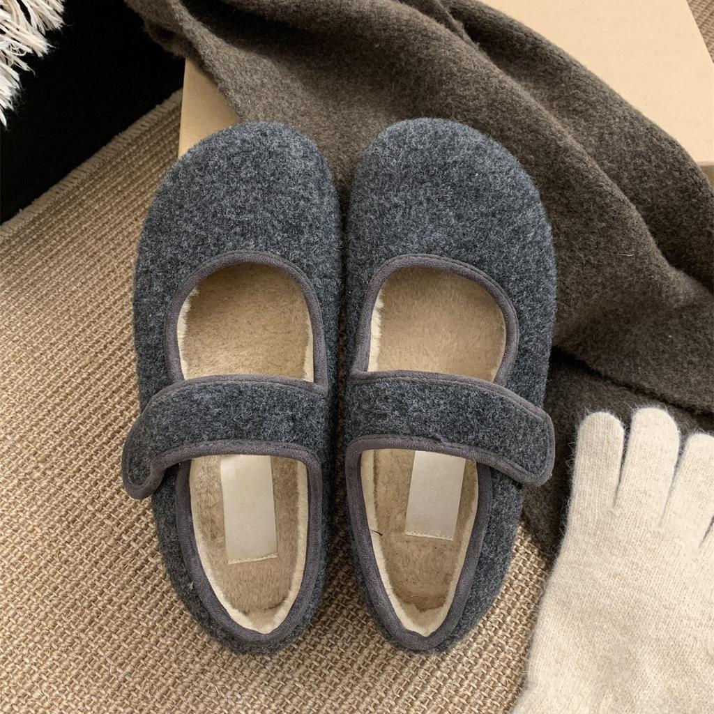 Корейские туфли на липучках Mao Mao женские туфли новые бархатные туфли теплые хлопковые туфли на плоской подошве туфли Mary Jane Doudou зимой