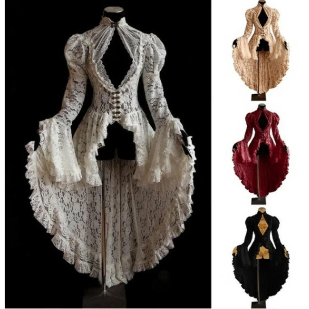 Винтажный Хэллоуин Средневековый Ренессанс Косплей Костюмы Платье Женское Готическое Кружевное Повязка Черное Маскарадное Платье Макси Платье Vestidos