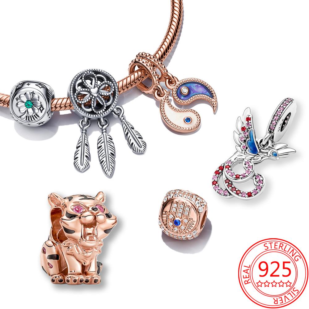 Оригинальные подвески 925 пробы подходят для модного браслета из стерлингового серебра 925 пробы, розового золота, розового кристалла, китайского тигра, бисерные украшения своими руками для женщин