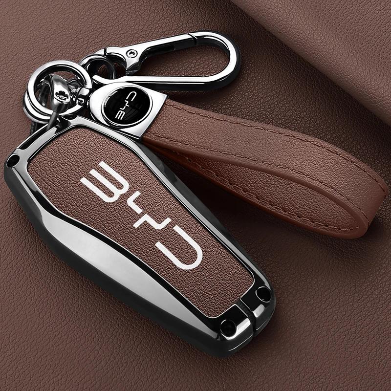 For BYD Song Pro Tang Dmi QIn PLUS MAX Yuan EV Dolphin Seagull Alloy Leather Car Smart Remote Key Case Cover Emblem Accessories