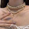 Luxury Niche Design Layered Pearl Cross Pendant Necklace Choker Collarbone Chain