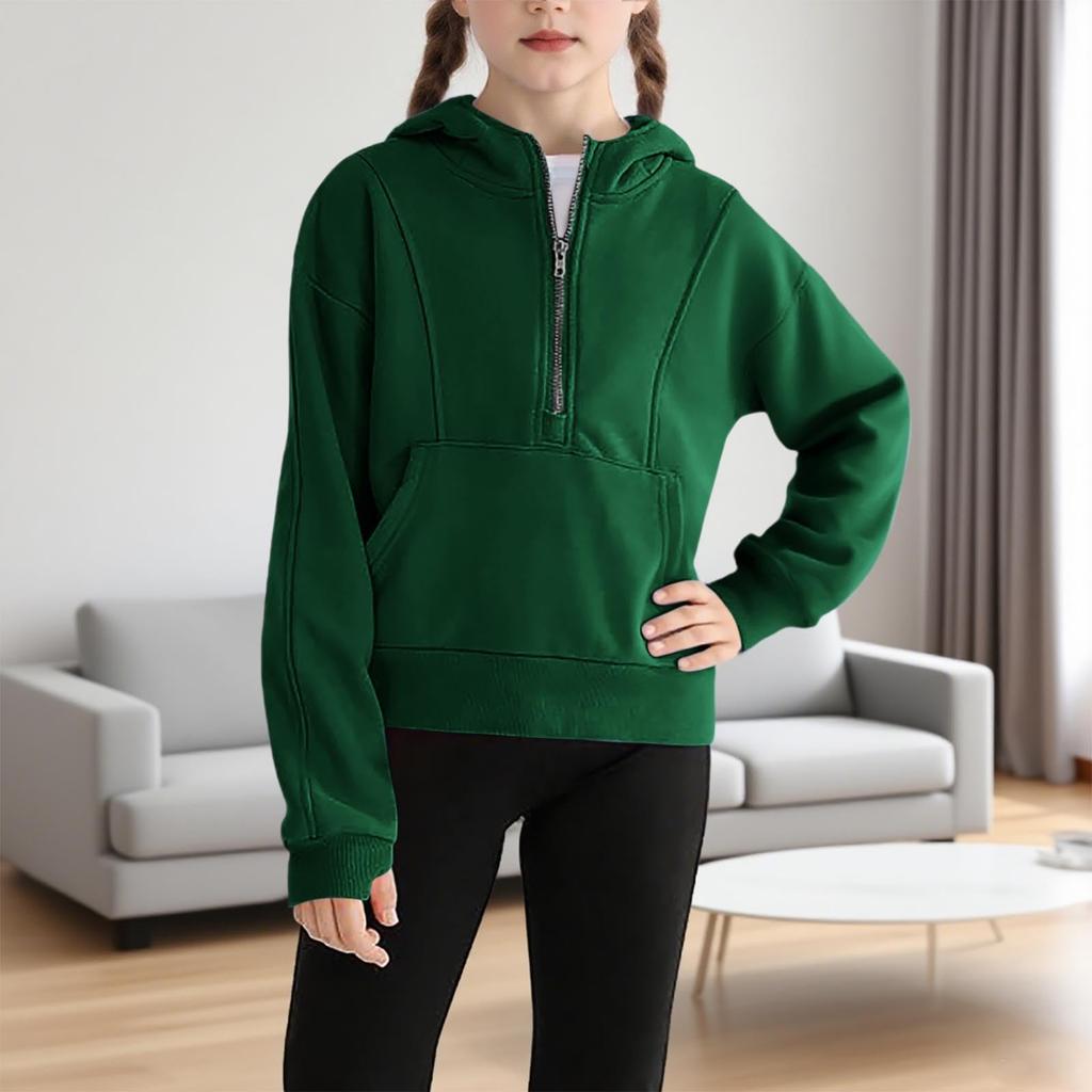 Children's Hooded Zipper Thickened Sweatshirt For Girls Solid Color Top