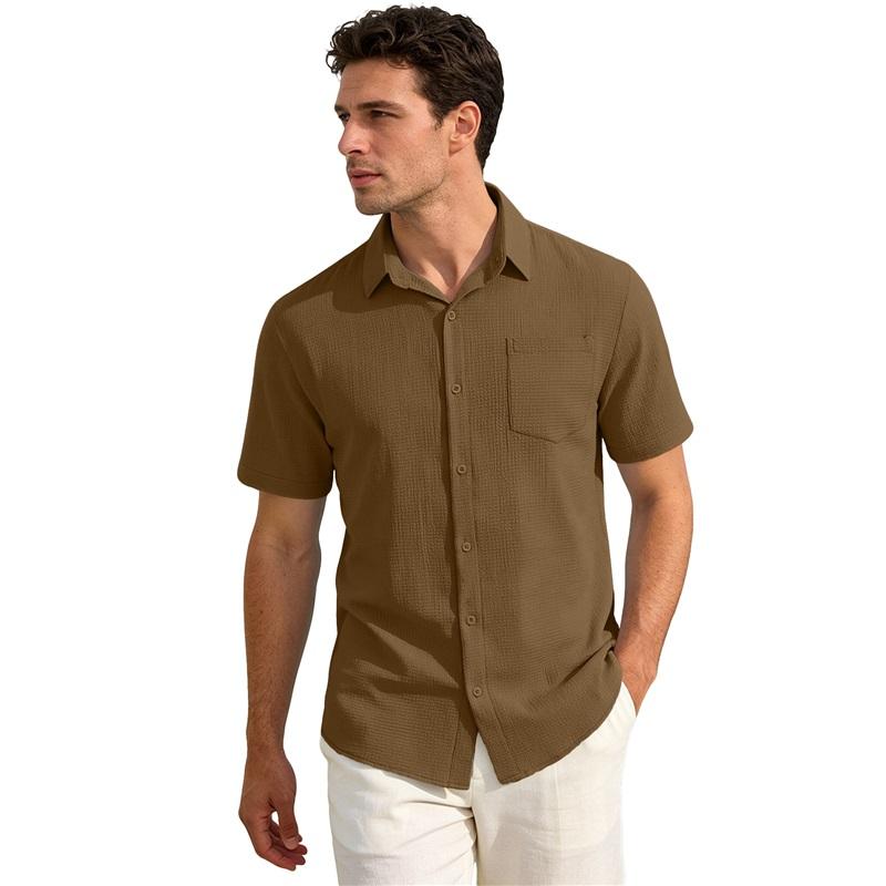 Men's Waffle Texture Short Sleeve Button Down Shirt Casual Pocketed Summer Top