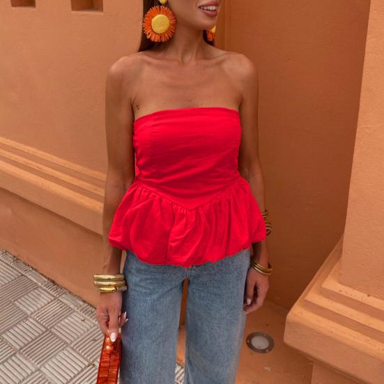 Женские топы бандо без бретелек с эластичной резинкой сзади и пышной юбкой-лепестком, дизайнерские майки для вечеринок, уличной фотографии, жилет для повседневной носки