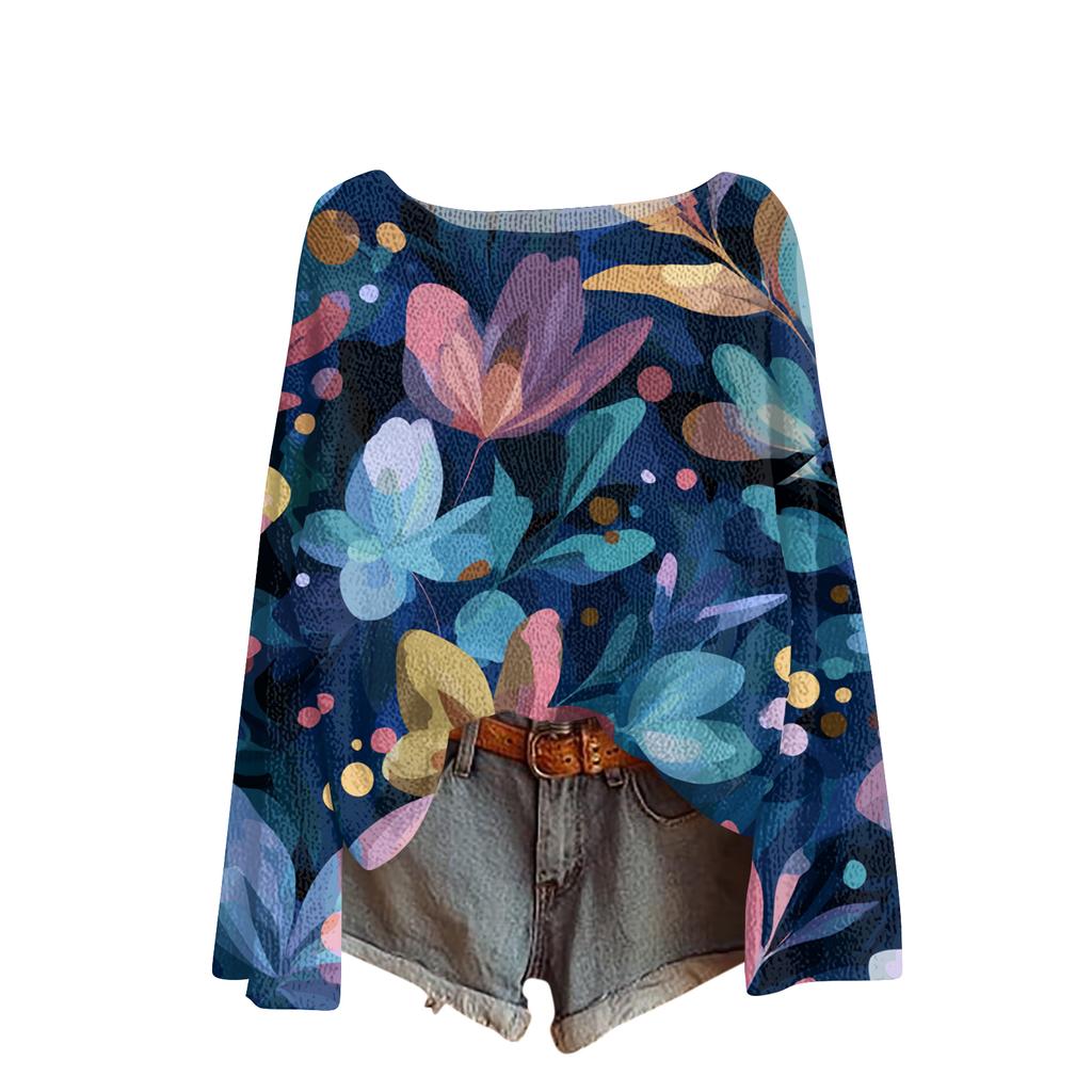 Женский легкий свитер повседневный с длинным рукавом вязаный винтажный с цветочным принтом пуловер