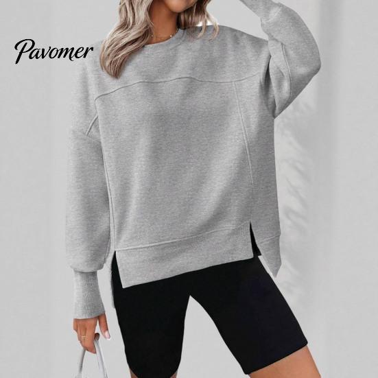 Side Slit Pullovers Women Crew Neck Sweatshirt, Drop Shoulder Long Sleeve Pullover, Loose Machine Washable Shirts Fit Casual Fall Winter Top with