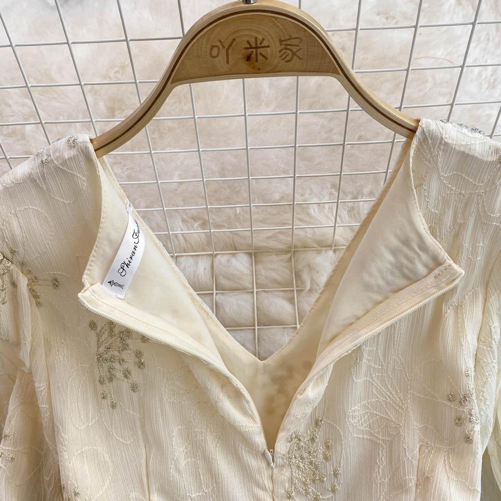 Lente Zachte Wind Temperament Fee Super Xiansen Afdeling Taille Sluiten Dunne Lange Mouwen V-hals Sequin Een-Woord Jurk