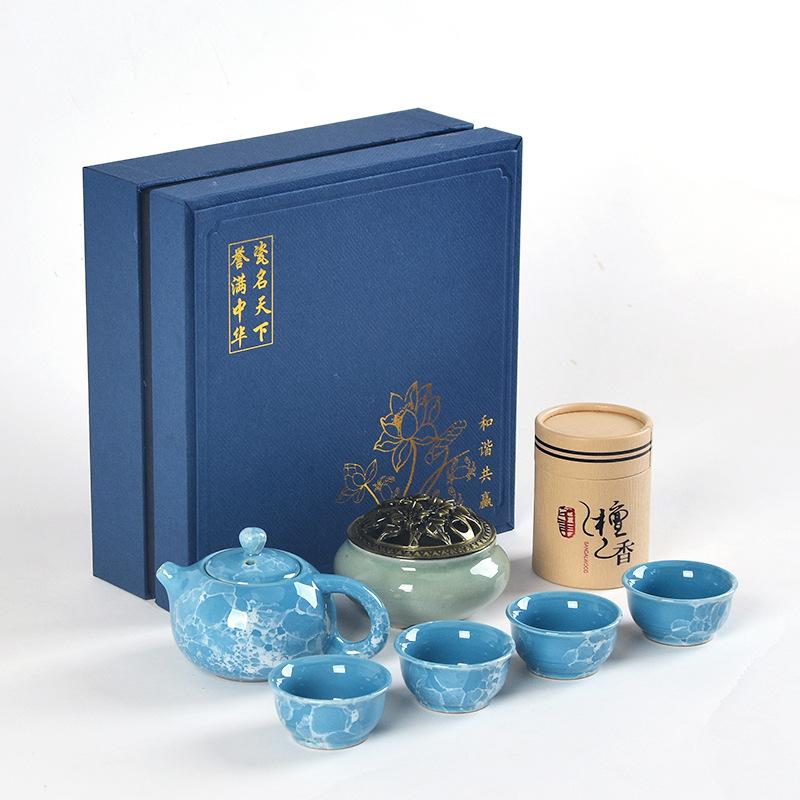 Guochao Ceramic Tea Set, One Pot, Two Cups and Four Cups Travel Gift Box Set.