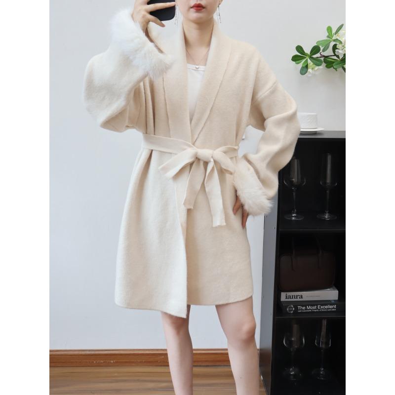 Thickened Splicing Wool Sleeve Lace-up Knitted Cardigan Autumn and Winter New Temperament High-end Sweater Jacket Women