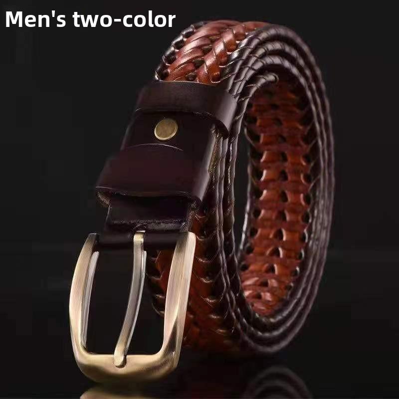 Woven Men Vintage Casual Leather Belt With Mesh Pattern And Buckle Antique