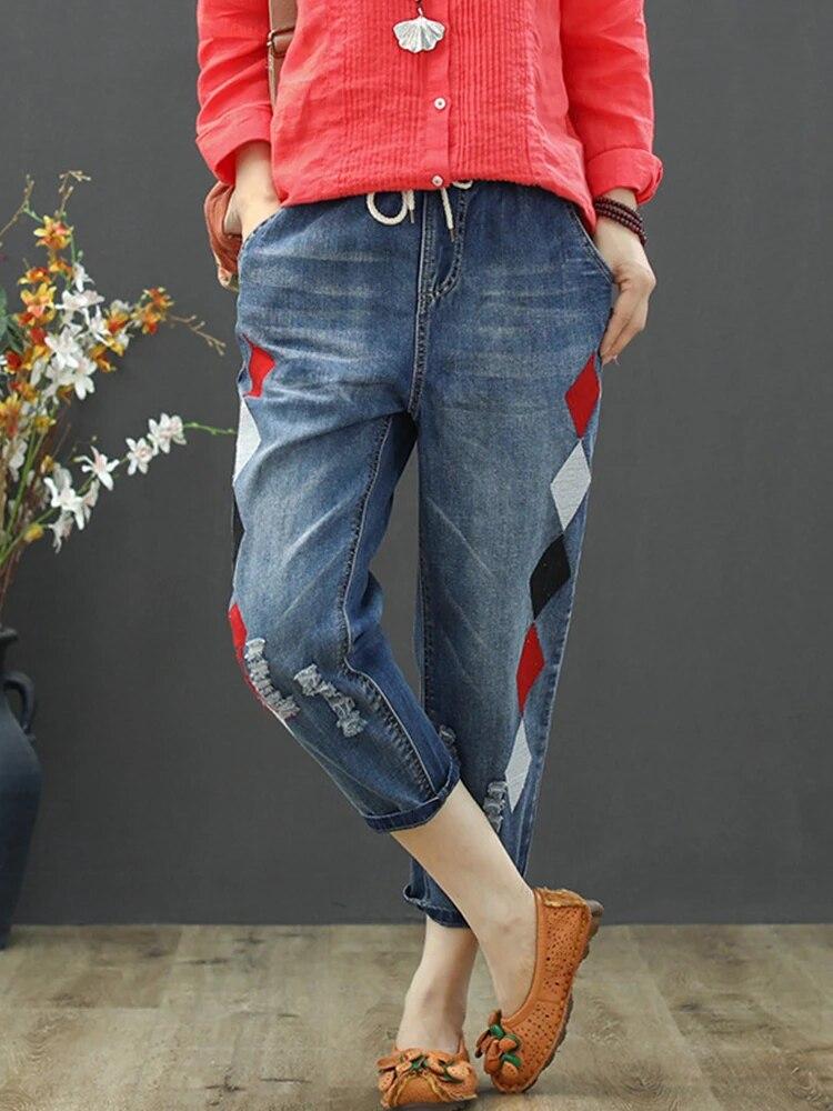 Ladies Embroidery Jeans Womens Fashion Vintage Ripped Denim Trousers Loose Holes Elastic Harem Pants