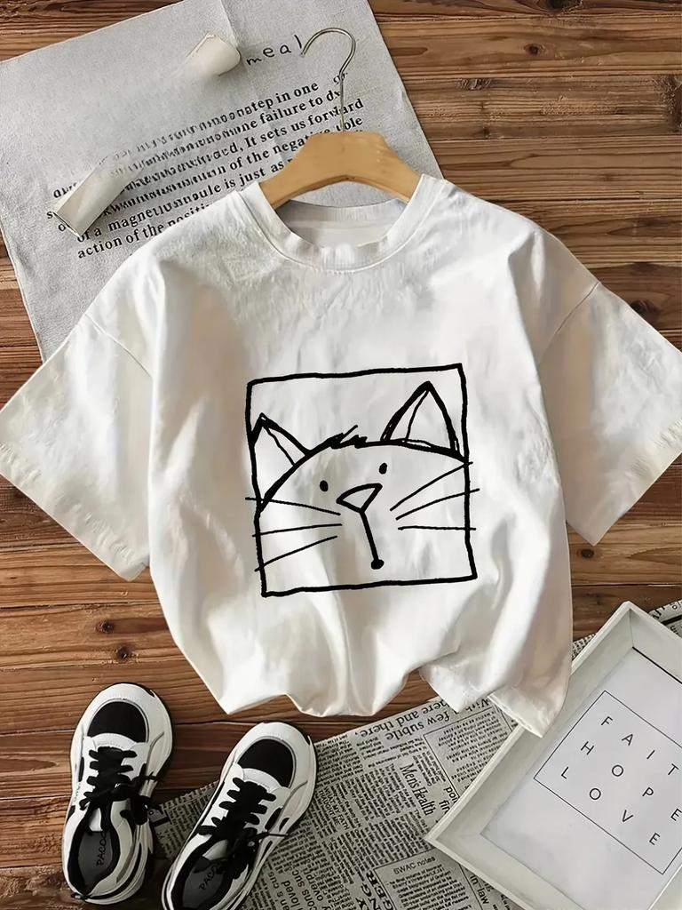Kwaii Cat Letter Print Streetwear Tshirts Female T Shirts Egirl Korean Fashion Graphic Tees Tops Unisex Clothing