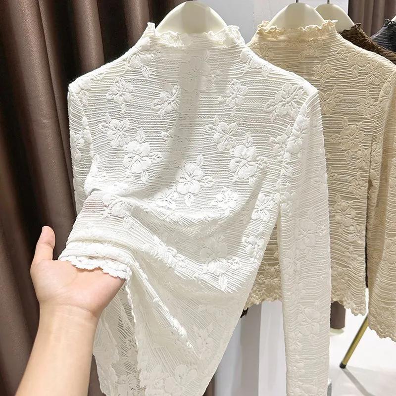 Пуловеры Топы Женские Длинные Рукава Осень Зима Блузка с Подкладкой Оверсайз Полувысокий Воротник Свободная Рубашка с Длинным Рукавом Приталенные Пуловеры Топы