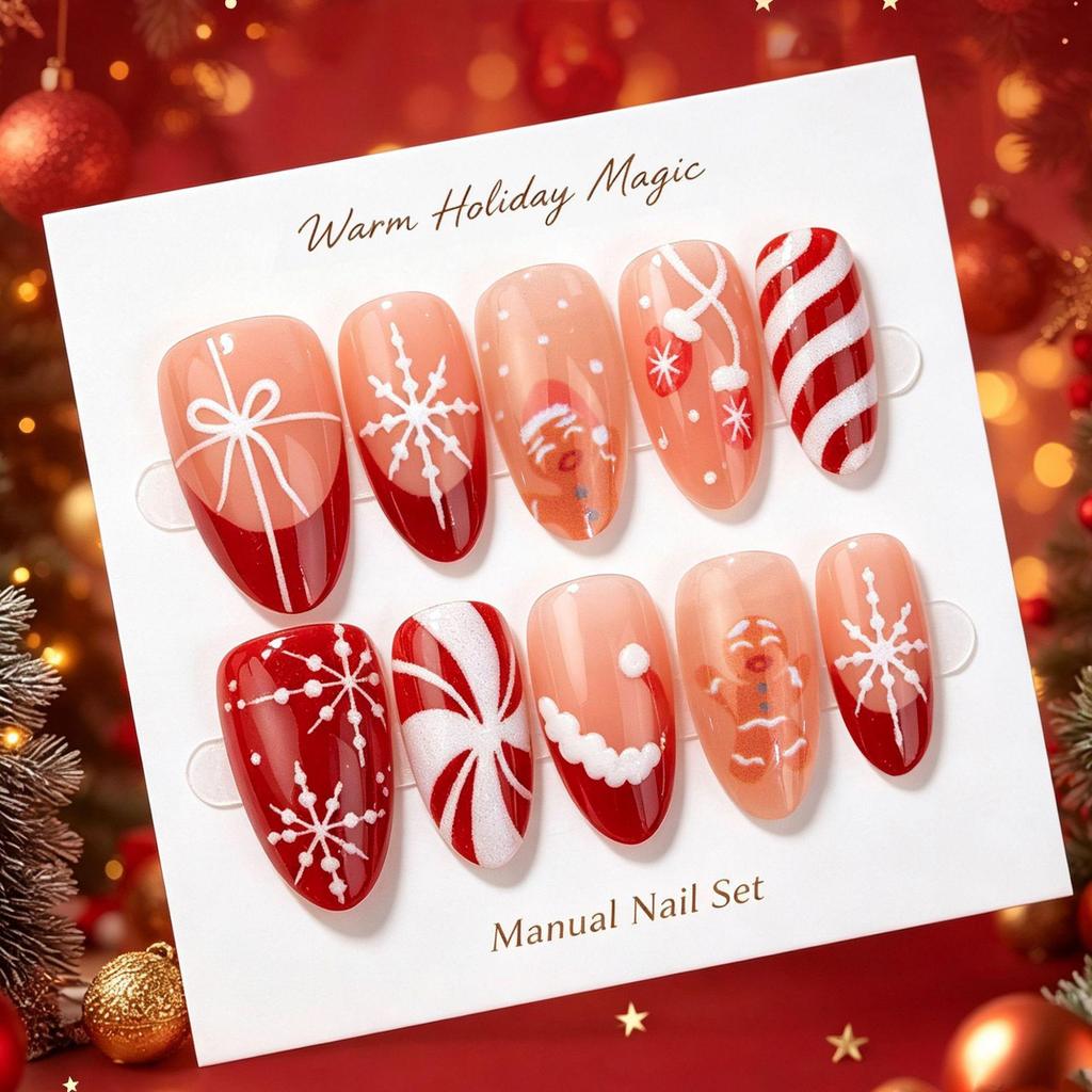Short Almond Christmas Press On Nails 30pcs, Golden Foil Snowflake Christmas Tree Design French Fake Nails, Reusable Wearable Nail Art for Xmas