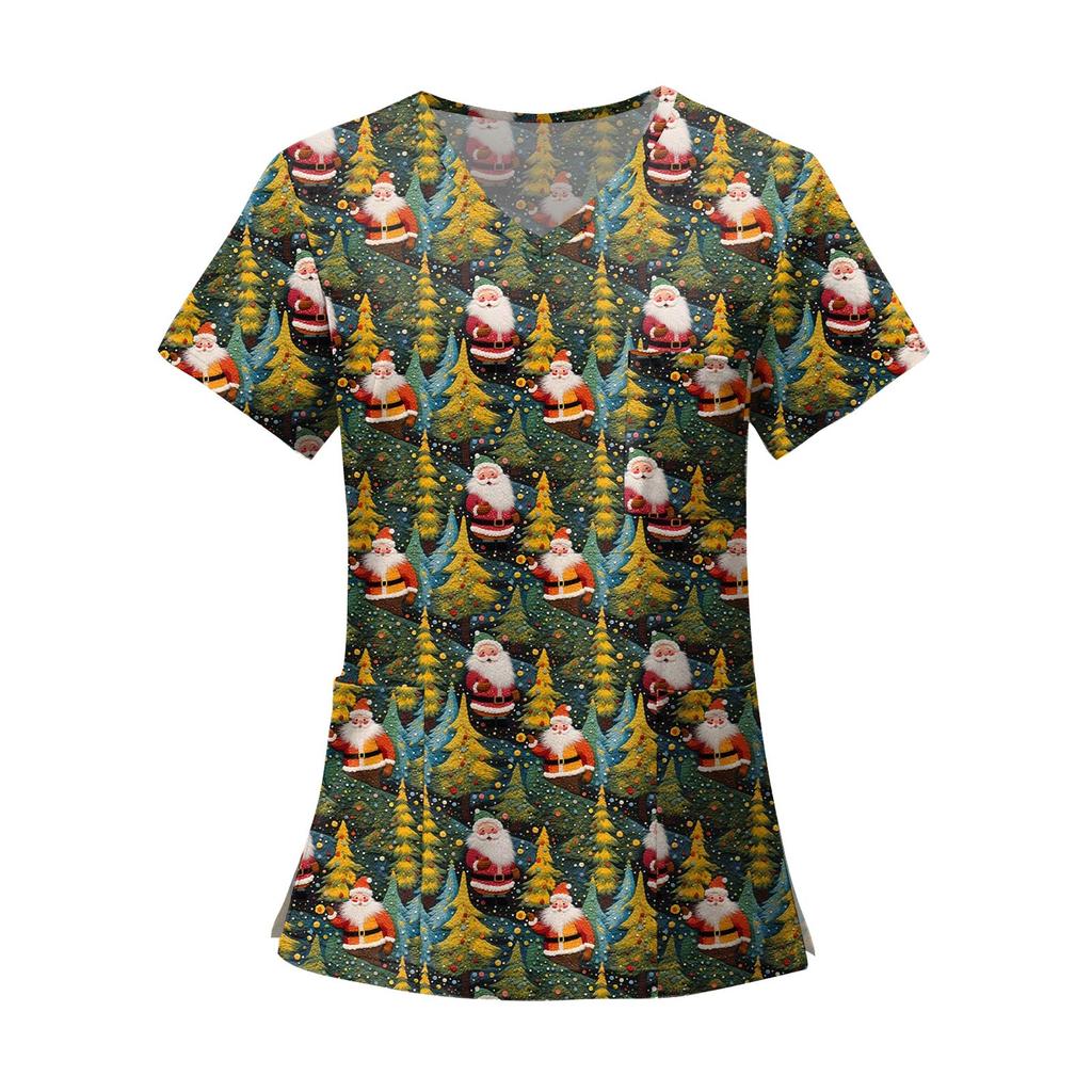 Женские модные топы с короткими рукавами и V-образным вырезом с принтом, рабочие футболки с карманами