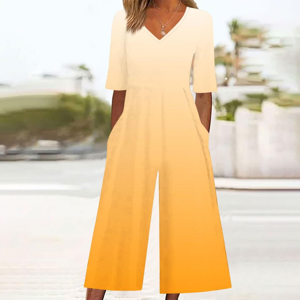 Женский свободный повседневный комбинезон с V-образным вырезом и градиентным принтом, приталенный, с широкими штанинами