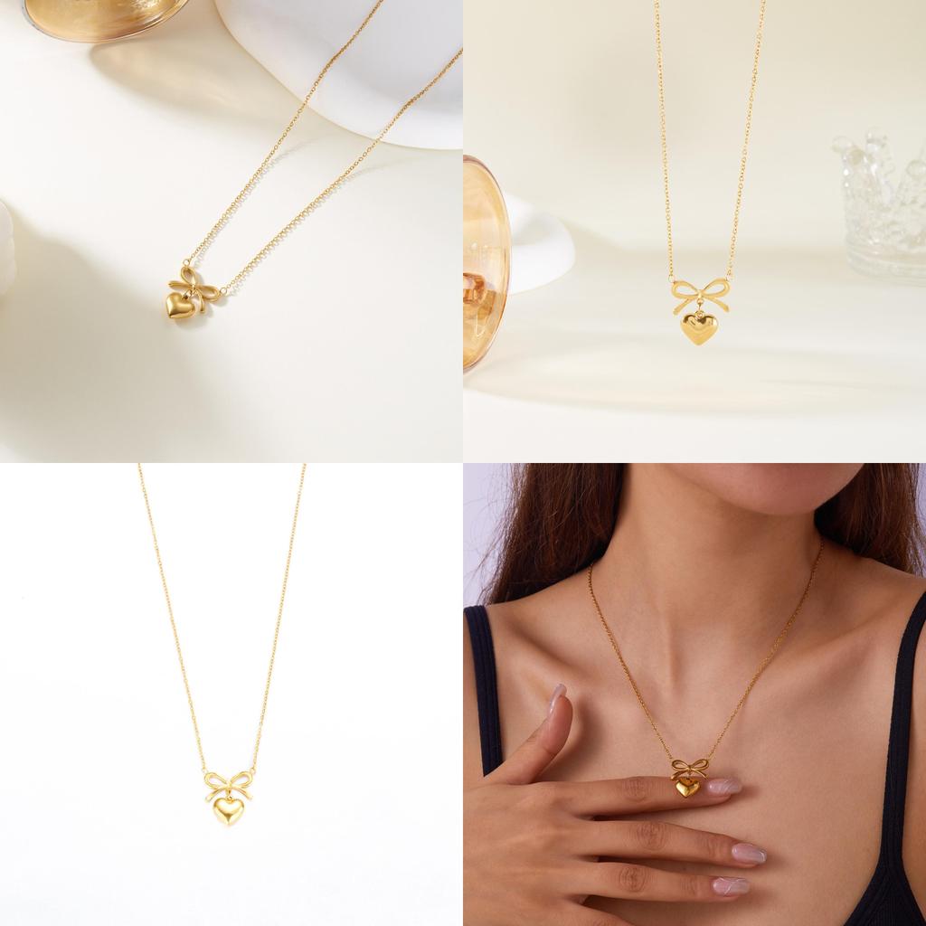 Элегантное ожерелье-подвеска в форме сердца с дизайном банта-бабочки из нержавеющей стали для повседневной носки