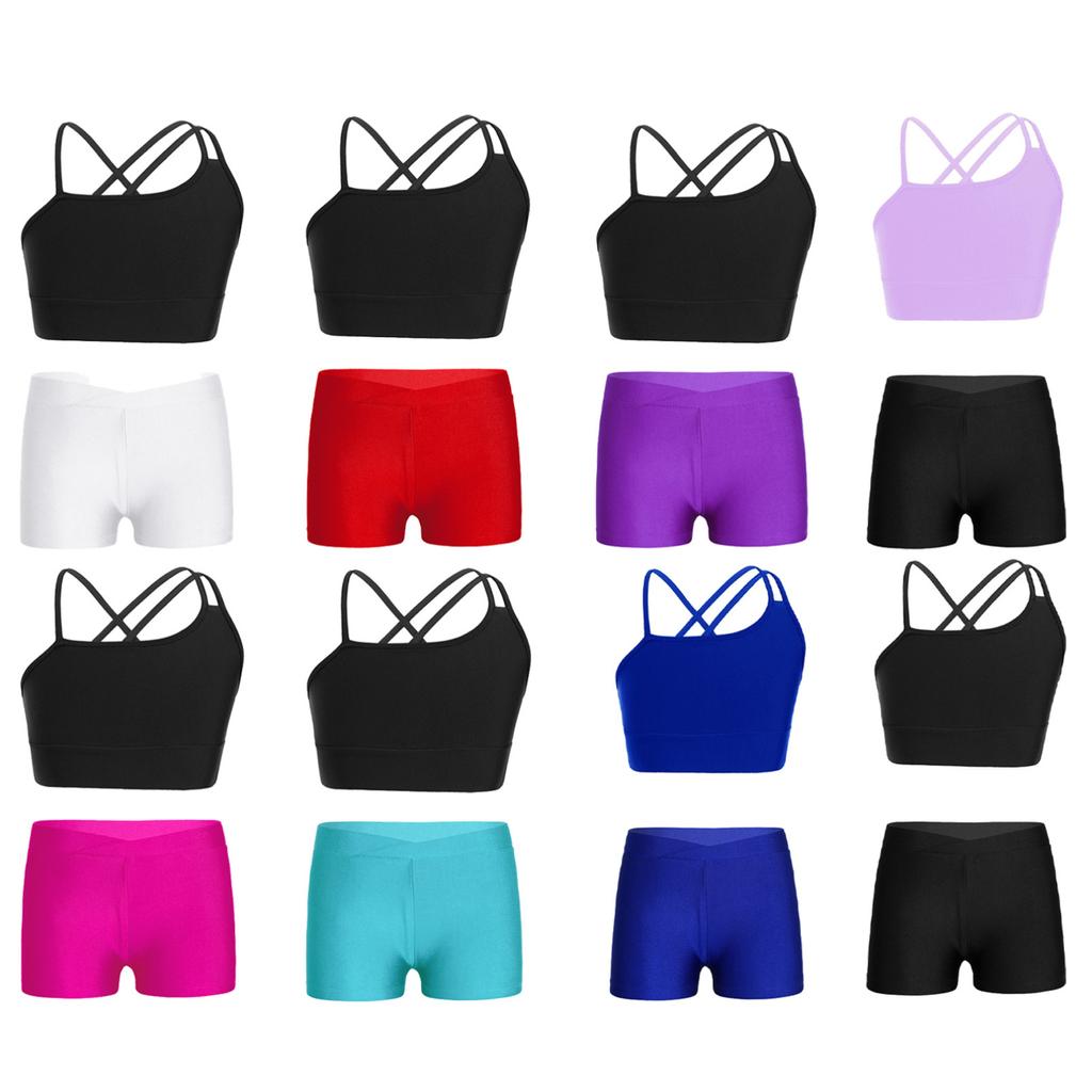 Kids Girls Asymmetrical Strappy Crop Top with Shorts for Sports Gymnastic Workout