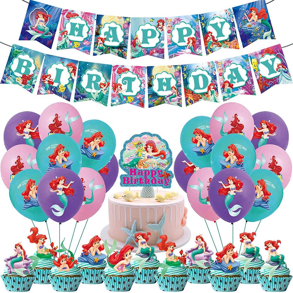 Mermaid Birthday Banner With Cupcake Topper+Balloons Birthday Party Decorations