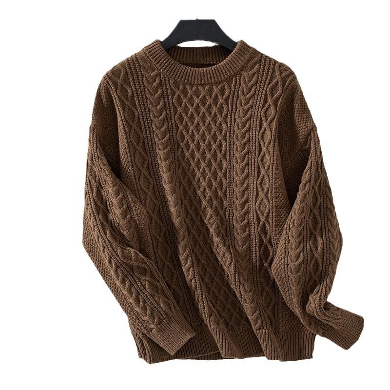 Осень-зима Винтажный свободный топ с длинными рукавами Однотонный пуловер Трикотажный свитер с круглым вырезом