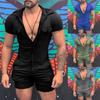 Mens Summer Trend Zipper One-piece Shirt Men's Short-sleeved Zip Up Shorts Onesie Jumpsuit Solid Color