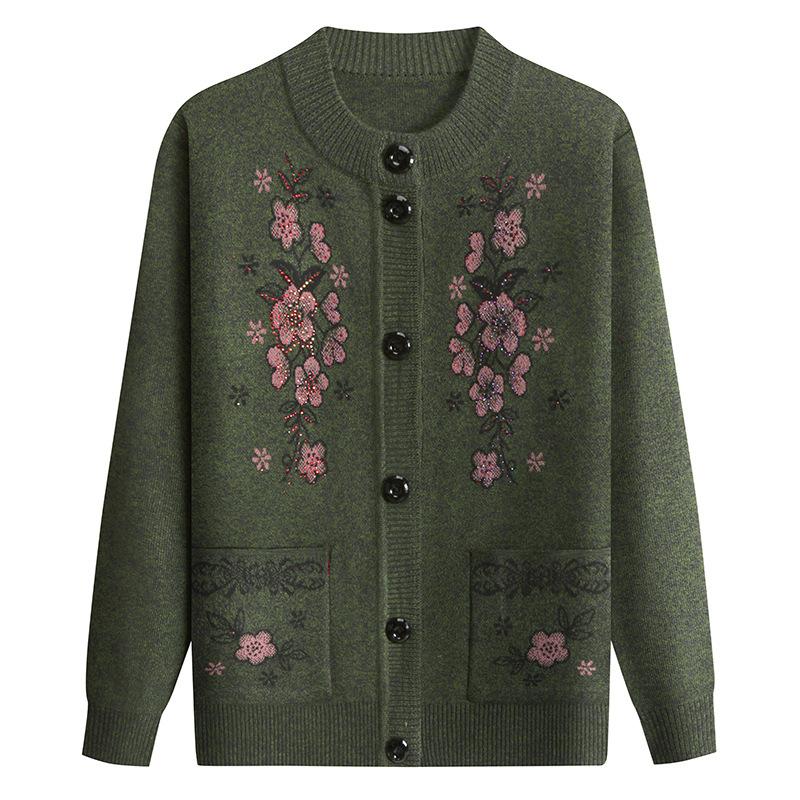 Spring and Autumn Fashion Mother's Wear Flower Embroidered Knit Sweater Temperament Elegant Elderly Clothes