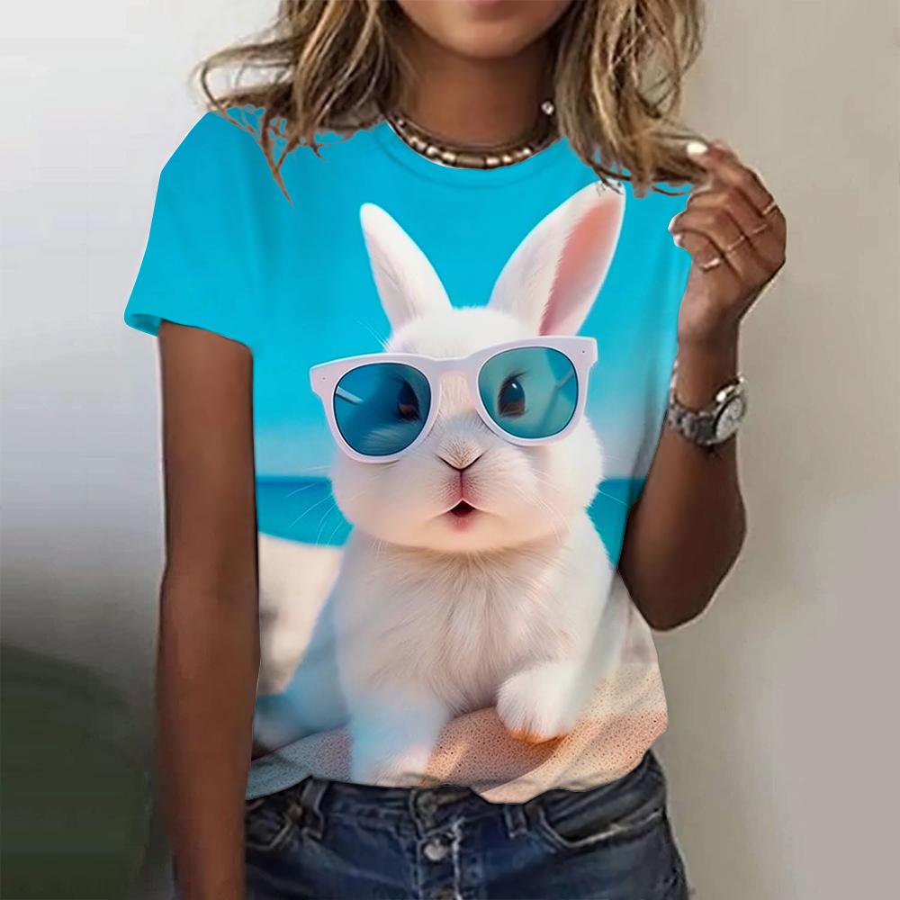 Summer New Women's Top Short Sleeved T-shirt 3D Cute Rabbit Print Casual Harajuku Versatile Clothes European Sizes