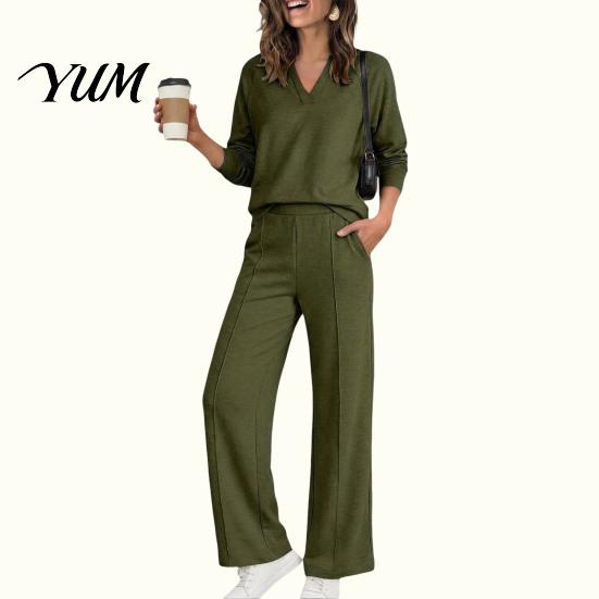 Fabric Fitness Clothing Women Sweatshirt Pants 2-Piece Set, V-Neck Long Sleeve Top & Wide Yoga Outfits with Elastic Waistband Leg Trousers Waist,