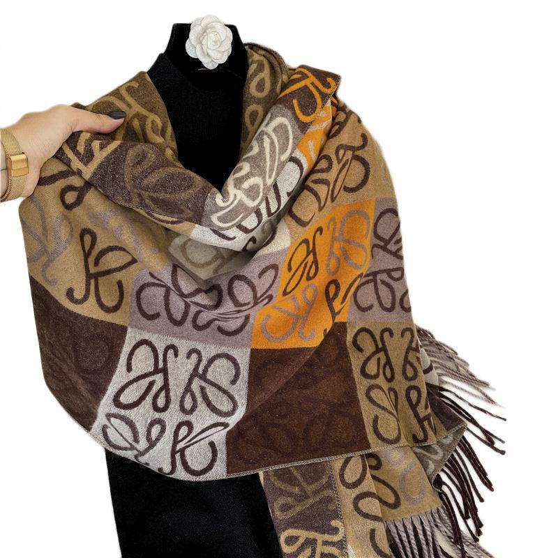 Autumn and Winter New Style Contrasting Color Splicing Checkered Brown Imitation Cashmere Warm Casual Scarf Women's Outer Shawl with Long Tassels