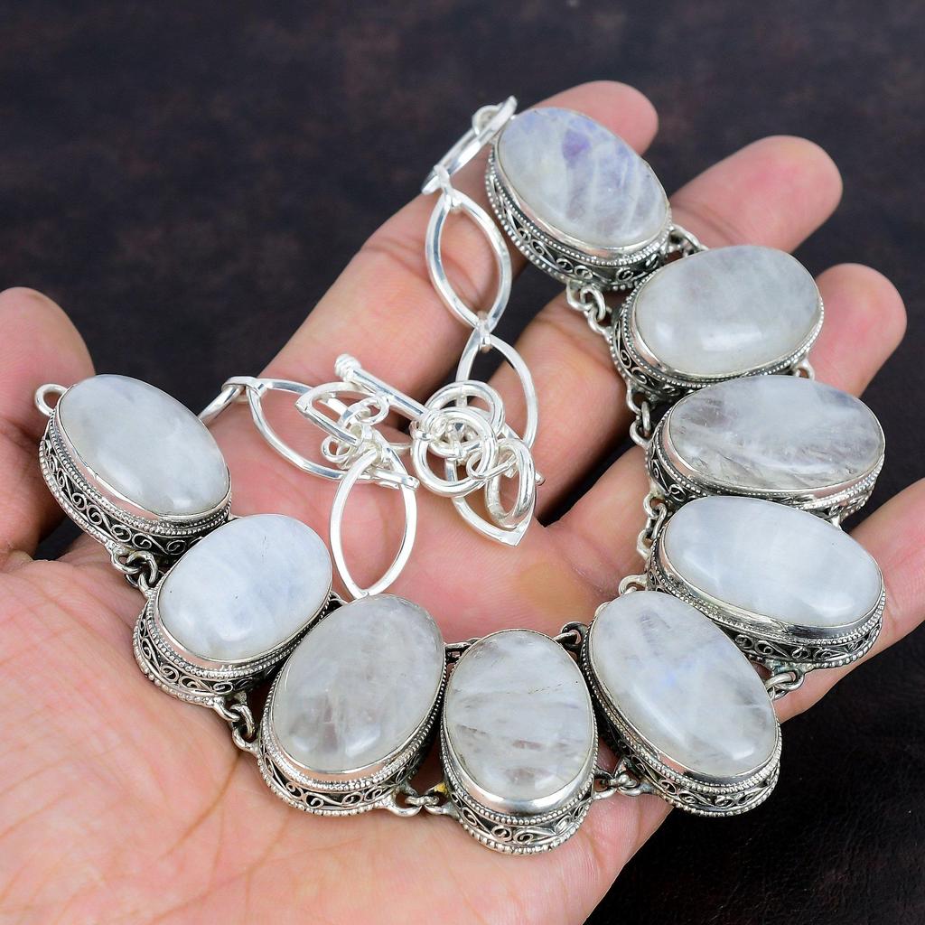 Rainbow Moonstone Necklace 925 Sterling Silver Necklace Vintage Gemstone Necklace Adjustable Chain Necklace Handmade Silver Jewelry For Gift