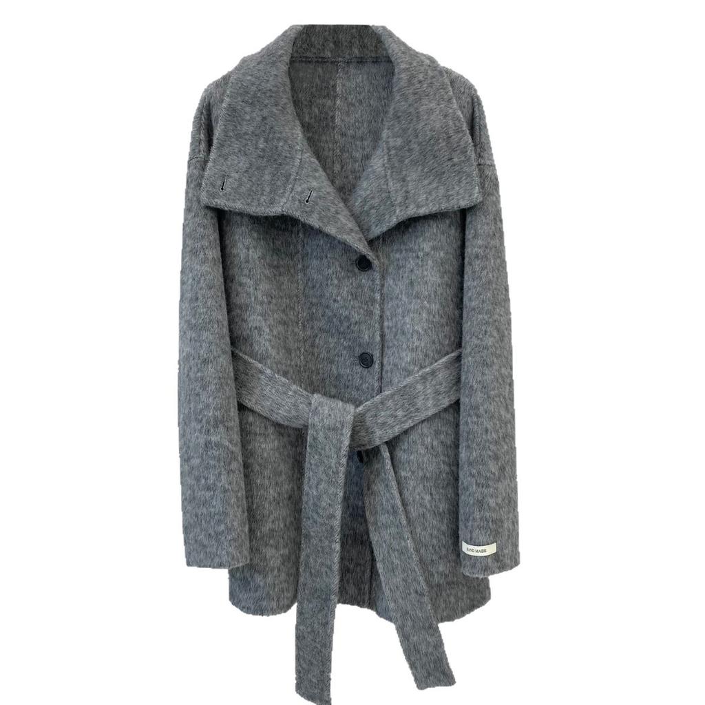 Пальто из маленькой двусторонней шерсти с воротником-стойкой, женское серое осенне-зимнее пальто, короткое, нишевый дизайн, новое