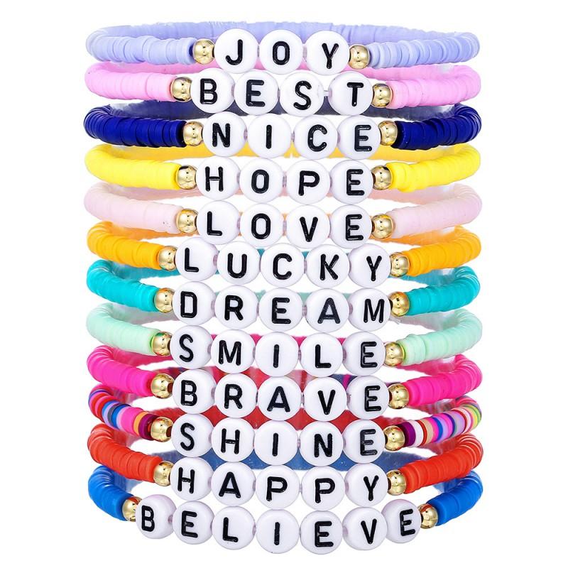 Handmade Polymer Clay Letter Bead Bracelet Set Dopamine Color Palette Inspirational Typography Stackable Unisex Jewelry
