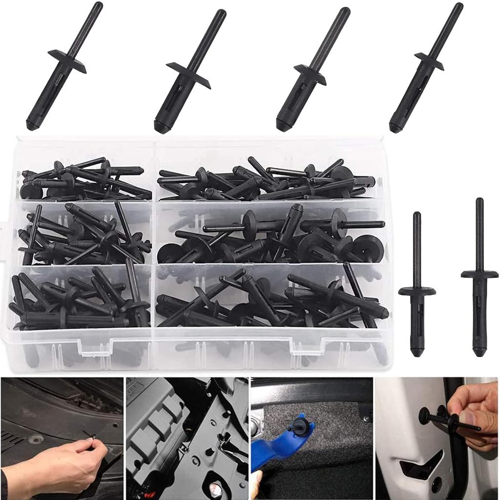 150Pcs Plastic Rivet Clip,Automotive Universal Nylon Pop Rivet Assortment,6 Most Popular Sizes Black Nylon Universal Rivet Kit,Replacement For GM