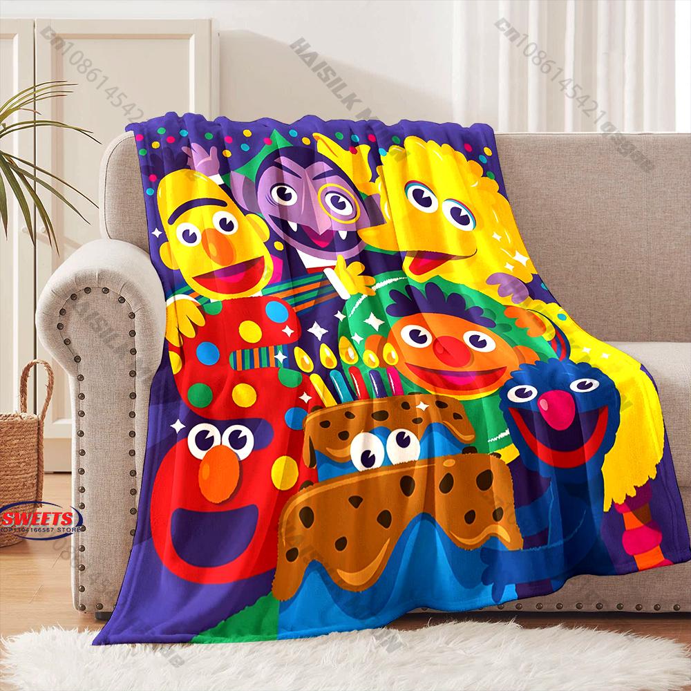 6 Sizes S-Sesame S-Street Pattern Printed Blanket, Cozy Warm Blanket for Sofa, Bed, Camping, Holiday Gift for Family and Friends
