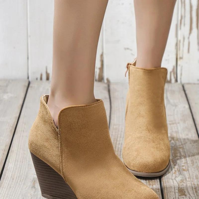 Fashion Women's Retro Large Shoes Leopard High Heels Slope Heel Round-toe Short Boots Boot for Women Autumn Winter New